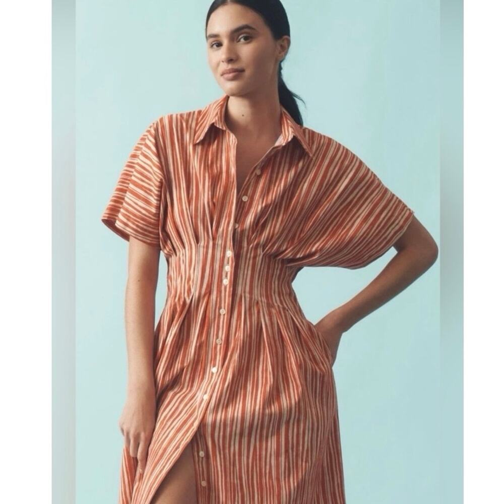 Anthropologie Exquise Tobie Button Front Pleated Shirt Dress Striped Mid Size M